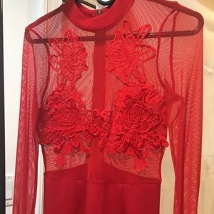 Red Floral Appliqué Midi Dress